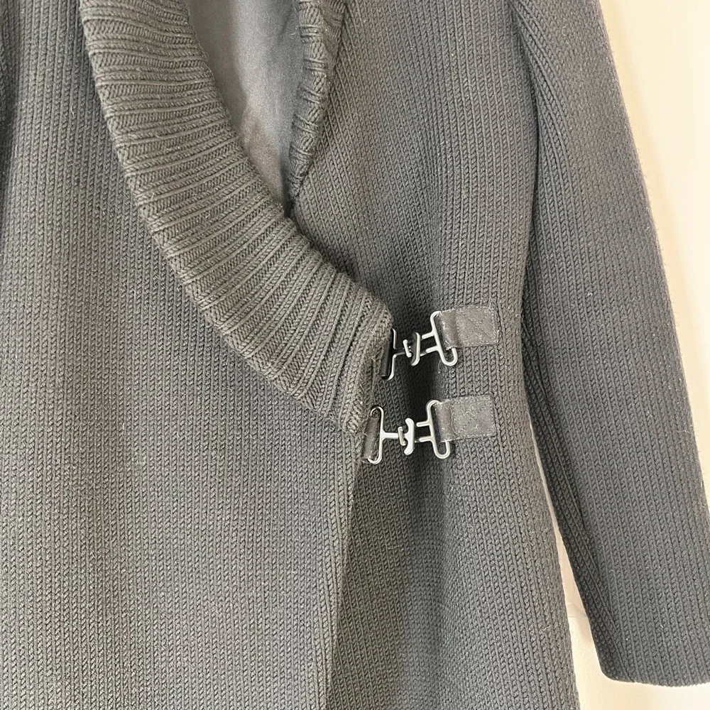 Helmut Lang Black Cable Knit Cardigan 100% Wool Buckle Closure Long Sleeve Petit